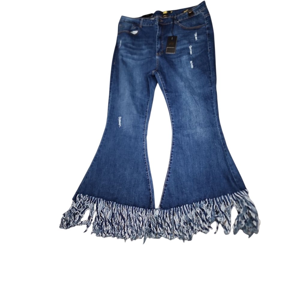 Lucky And Blessed NWT Blue Flare Jeans with Fringe Hem 22 PLUS